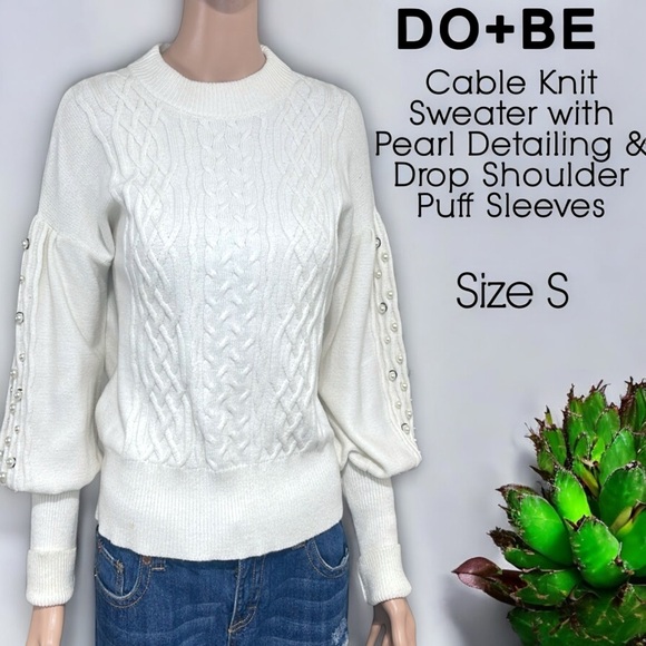 DO+BE Sweaters - Do+Be Cream Cable Knit Sweater with Pearl Detailing & Drop Shoulder Puff Sleeves